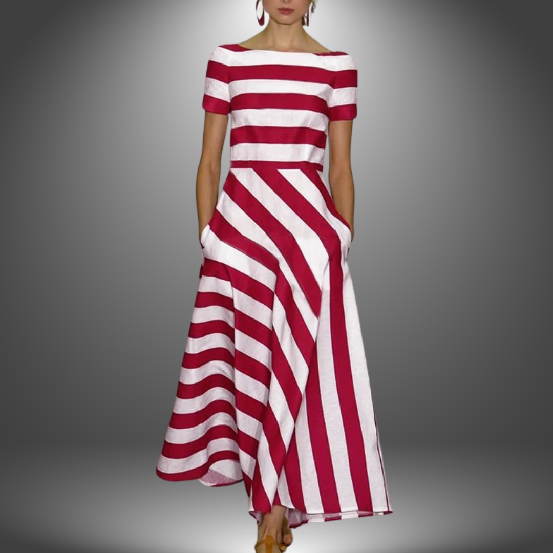 Women's Maxi Red And White Striped Evening Dress - VibreMode