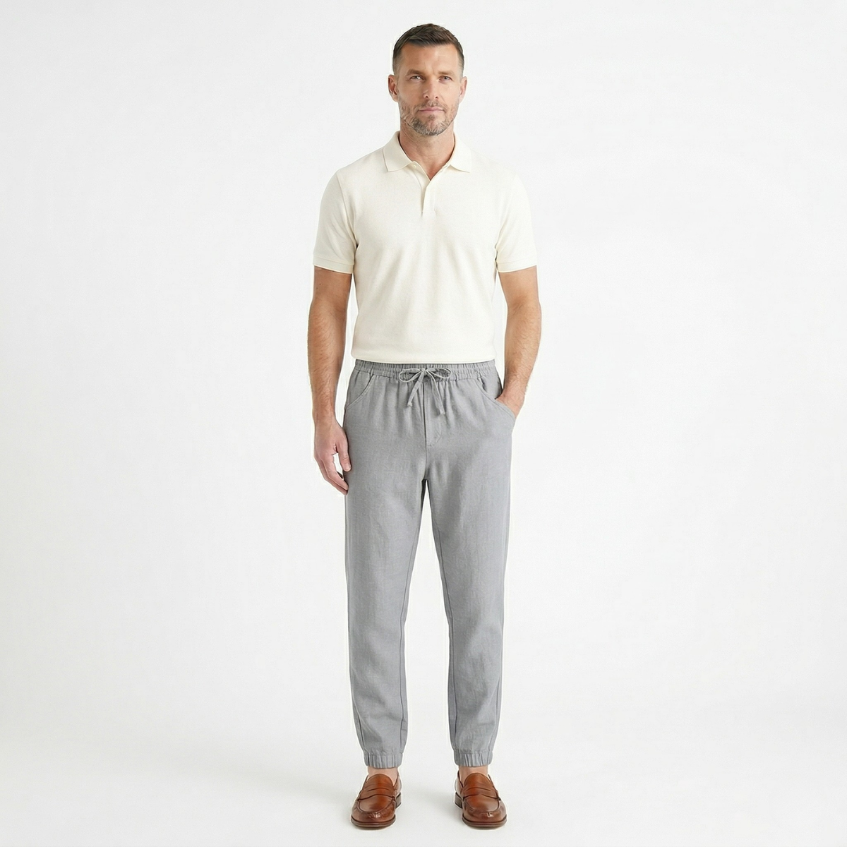 Men's Linen Jogger Pants Lightweight Beige