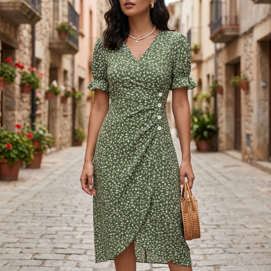 Women’s Floral Wrap Midi Dress V-Neck Short Sleeve Summer Dress