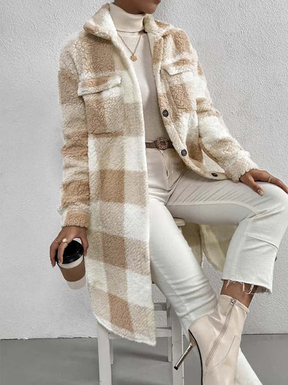 Women's Plaid Fleece Coat Button Front Pockets