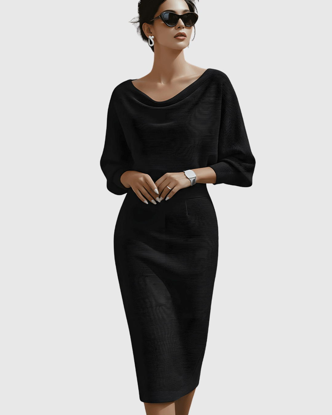 Women's Ribbed Cowl Neck Long Sleeve Midi Dress