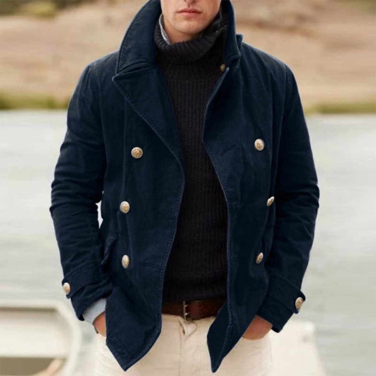 Men's Double Breasted Peacoat Wool Casual Navy
