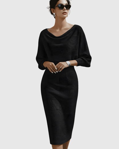 Vivienne Women's Ribbed Midi Dress Cowl Neck Batwing Sleeves