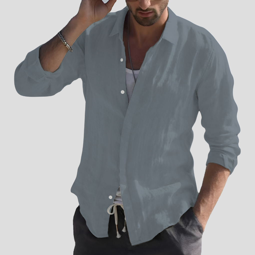 Linen Shirt Turn-Down Collar Solid Color