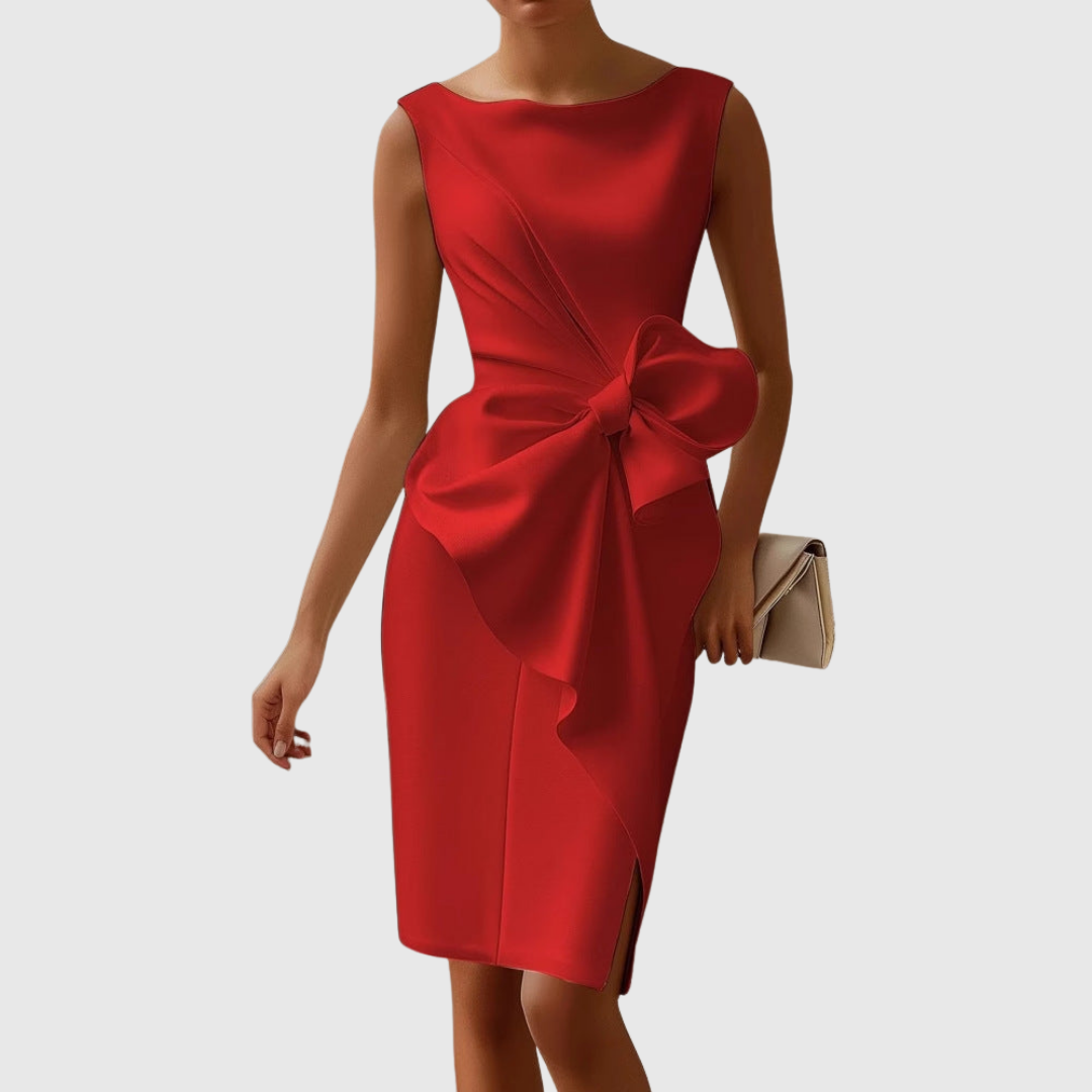 Women's Sleeveless Midi Dress Boat Neck Bow Detail