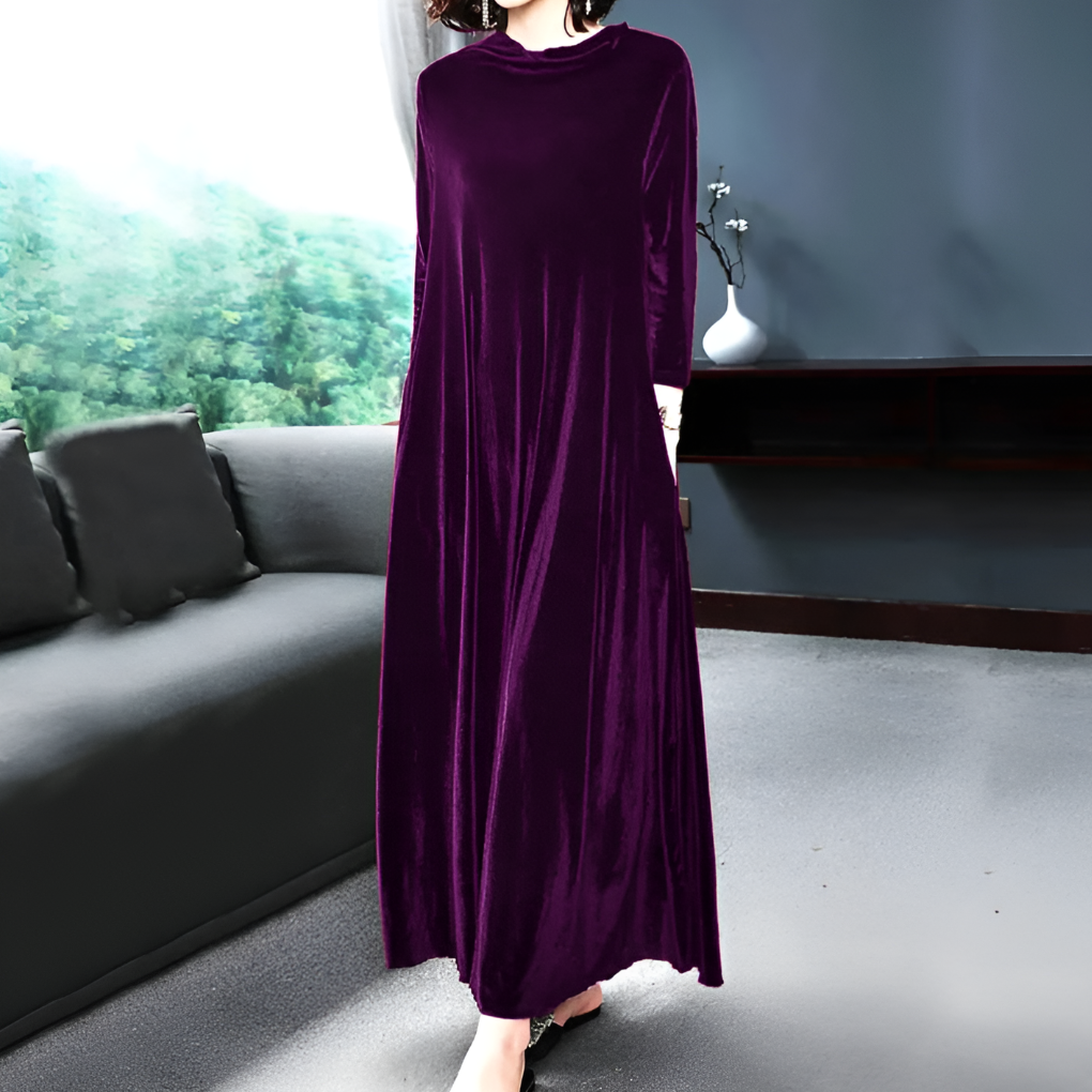 Women's Velvet Long Sleeve Dress Wine Red