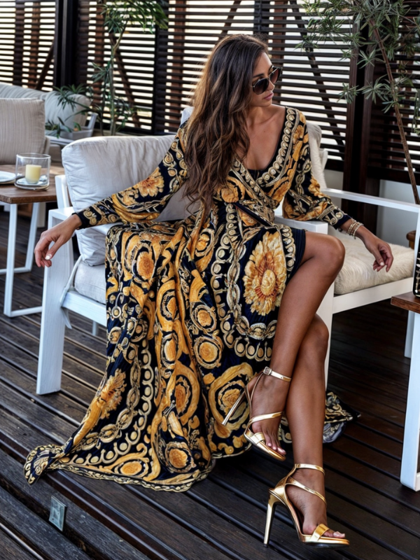 Chic Boho Long Dress with Metallic Details and High Split