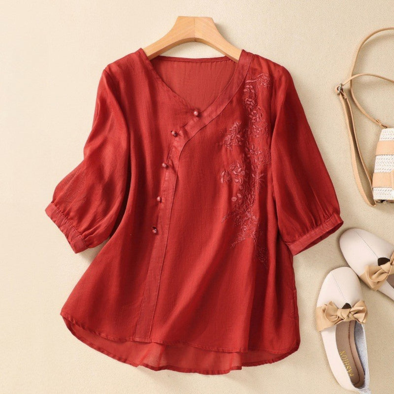 Ladies Classic Embroidered Floral Button Down Shirt - VibreMode