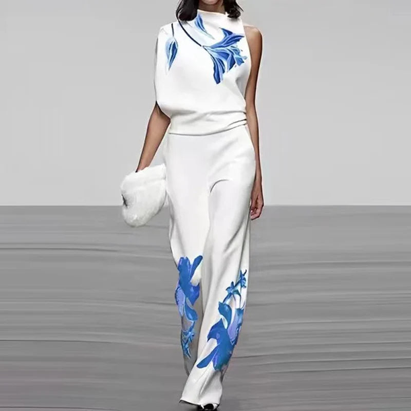 Women's Sleeveless Two Piece Printed Set High Collar