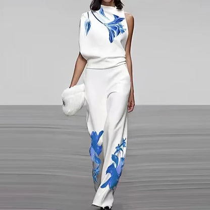 Women's Sleeveless Two Piece Printed Set High Collar