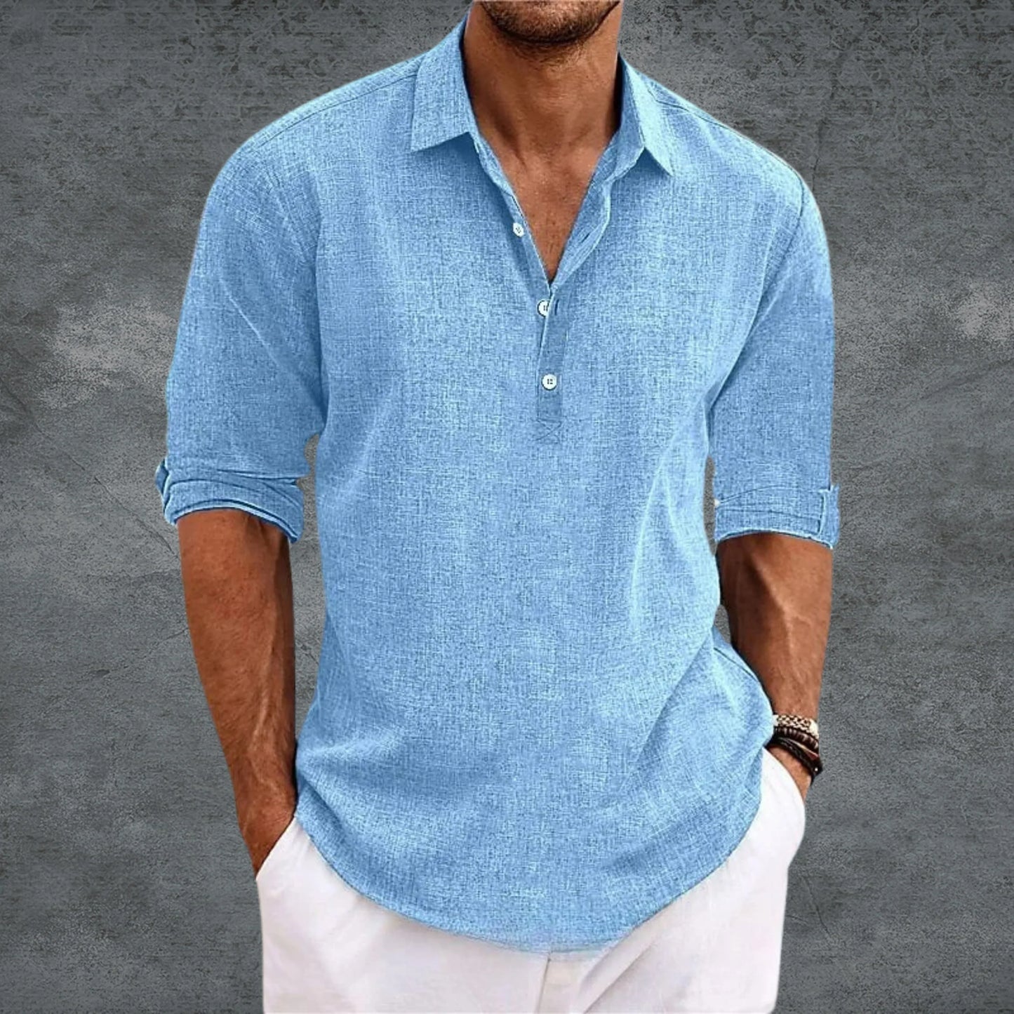 Men's Casual Shirt Cotton Roll-Up Sleeves Light Blue