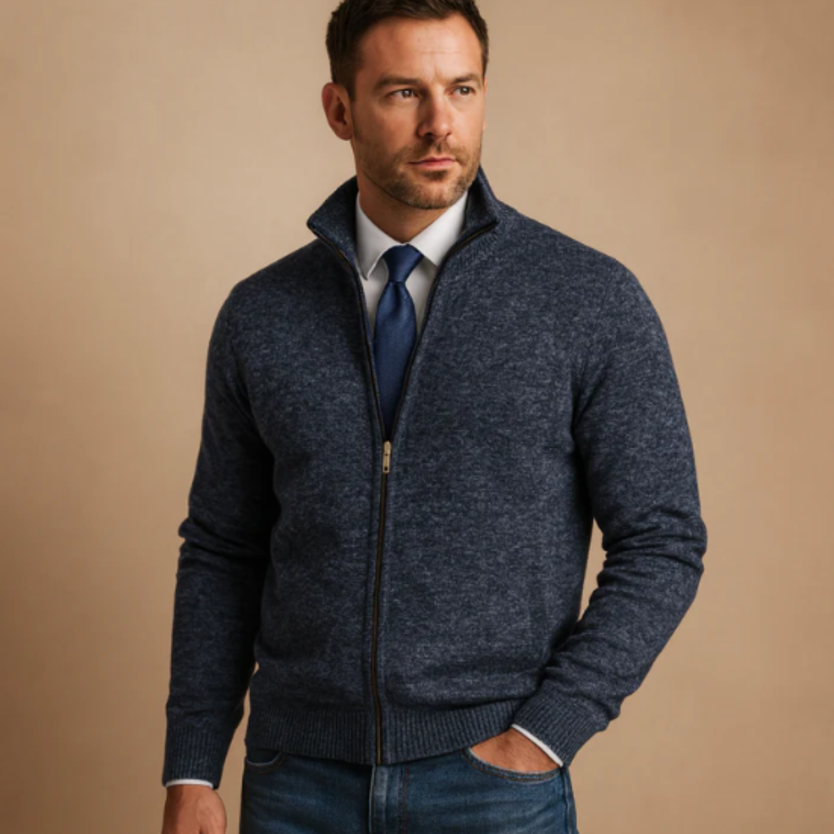 Men's Classic Knitted Cardigan Zip Front Stand Collar