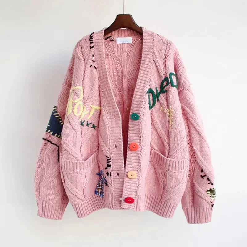 Women's Knitted V-Neck Cardigan Patchwork Embroidery