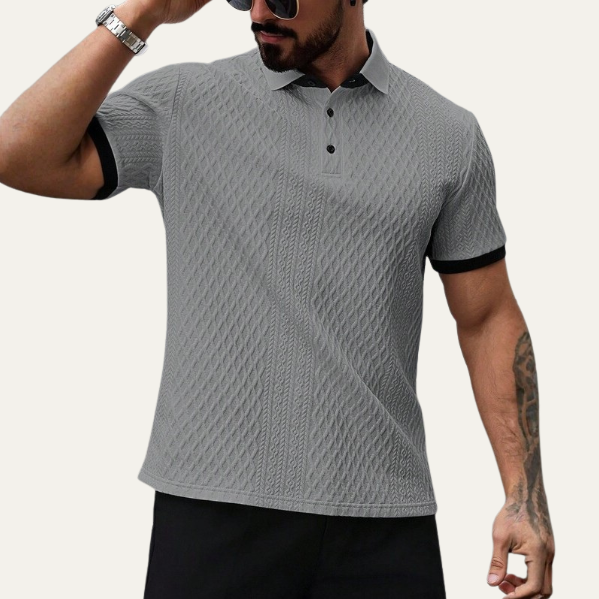 Men's Textured Polo Shirt Contrast Collar