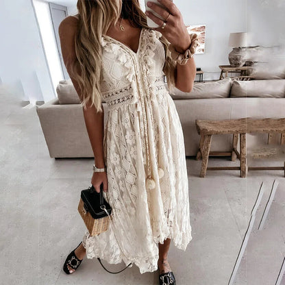 Boho Lace Tie Dress with Tassels - VibreMode