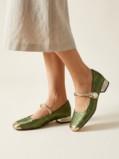 Women's Mary Jane Shoes Metallic Pearl Embellished