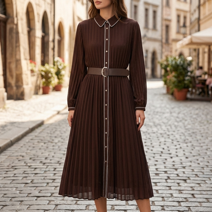 Pleated Long Sleeve Belted Dress Women