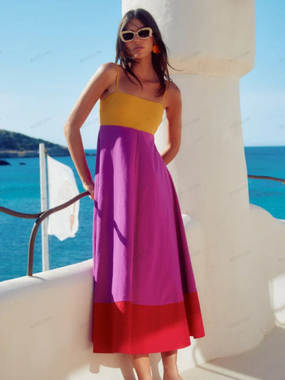 Women's Color Block Spaghetti Strap Summer Dress
