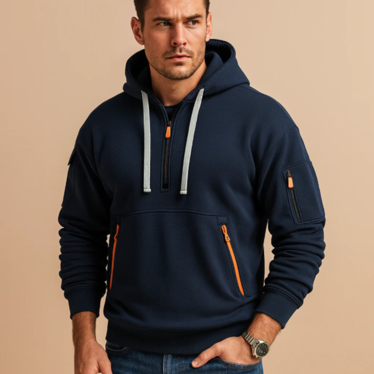 Men's Casual Half Zip Hoodie Sweater Zip Pockets