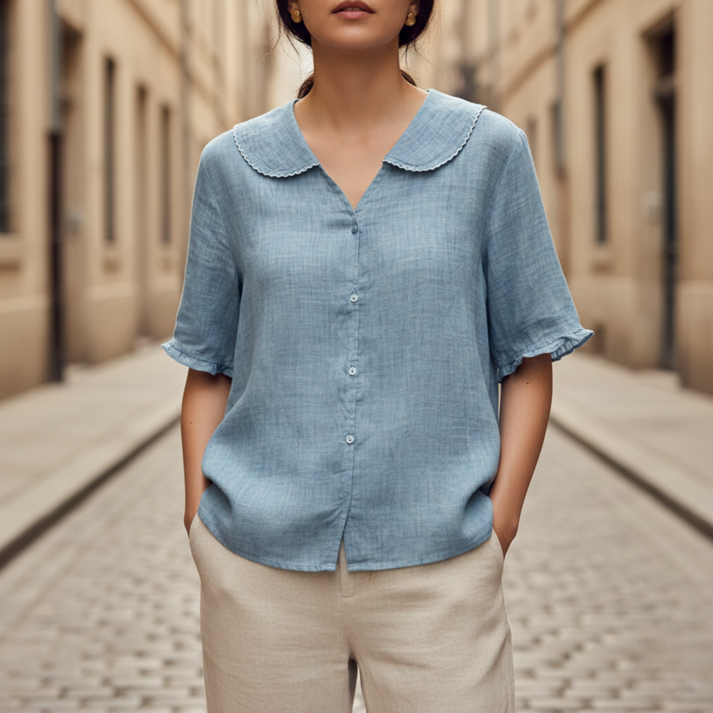 Women’s Button Down Blouse Scalloped Collar Casual Summer Top