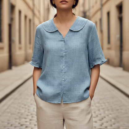 Women’s Button Down Blouse Scalloped Collar Casual Summer Top