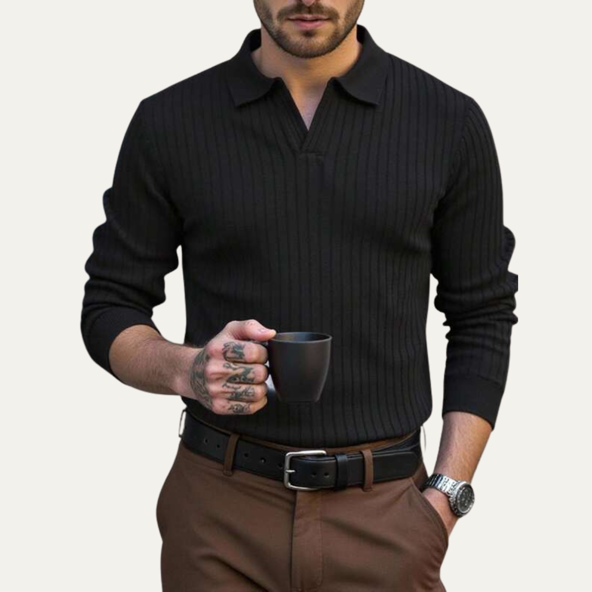 Men's Long Sleeve Polo Shirt Ribbed Knit