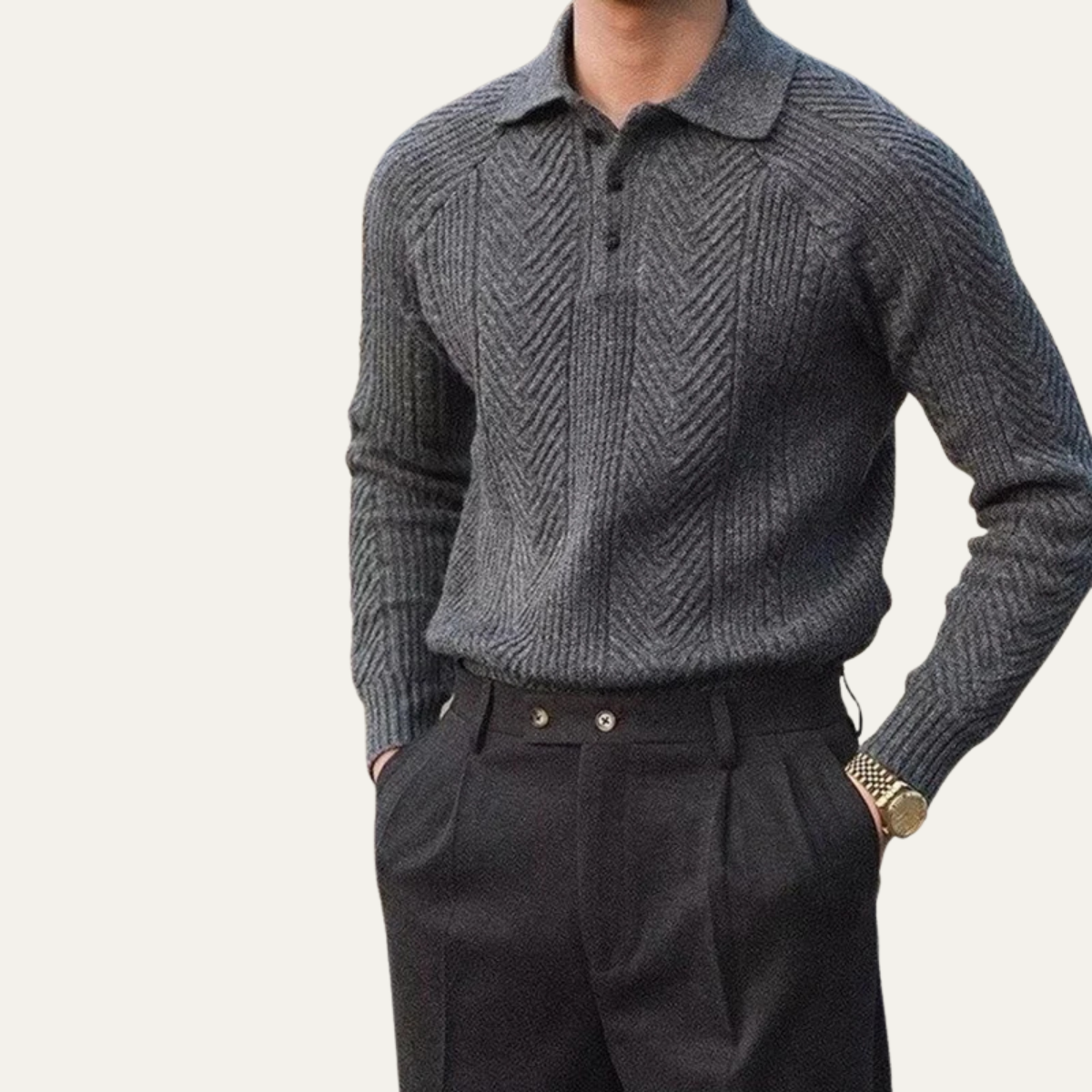 Men's Textured Knit Sweater Turn Down Collar
