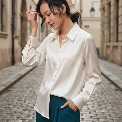 Women’s Satin Button Down Blouse Long Sleeve Office Shirt