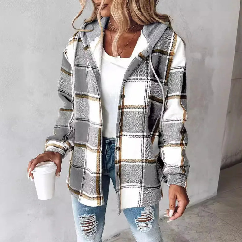 Women's Hooded Plaid Coat - VibreMode
