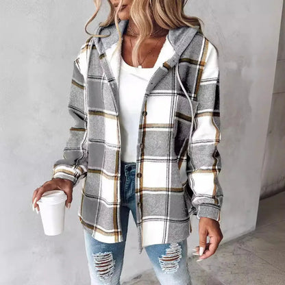 Women's Hooded Plaid Coat - VibreMode