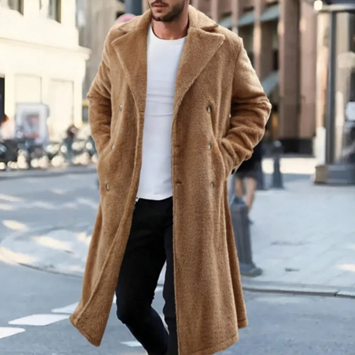 Fairchild Men's Double Breasted Plush Winter Coat Brown