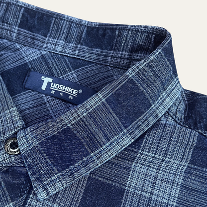 Men's Plaid Denim Shirt Chest Pockets