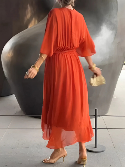 Women's V-Neck Maxi Dress Tie Waist