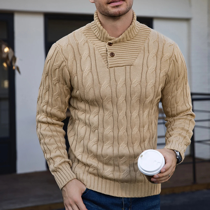 Men's Cable Knit Sweater Shawl Collar Button Neck