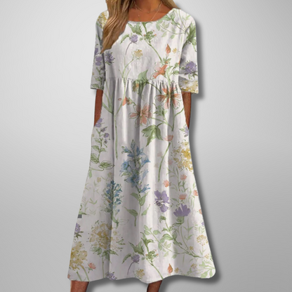 Women's Floral Maxi Dress Short Sleeves Gathered Waist