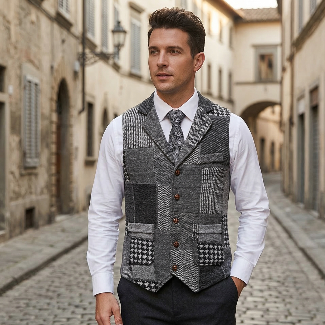 Men’s Patchwork Tweed Vest Vintage Style Tailored Waistcoat