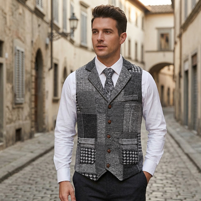 Men’s Patchwork Tweed Vest Vintage Style Tailored Waistcoat