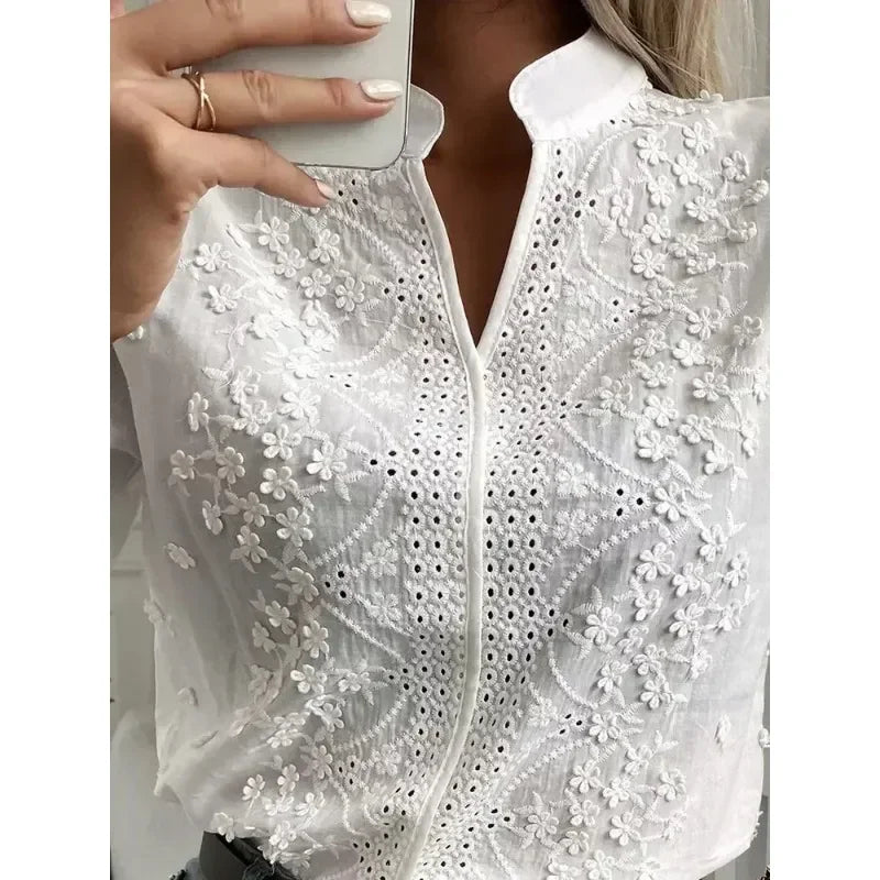 Women's White Embroidered V-Neck Blouse