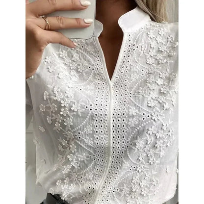 Women's White Embroidered V-Neck Blouse