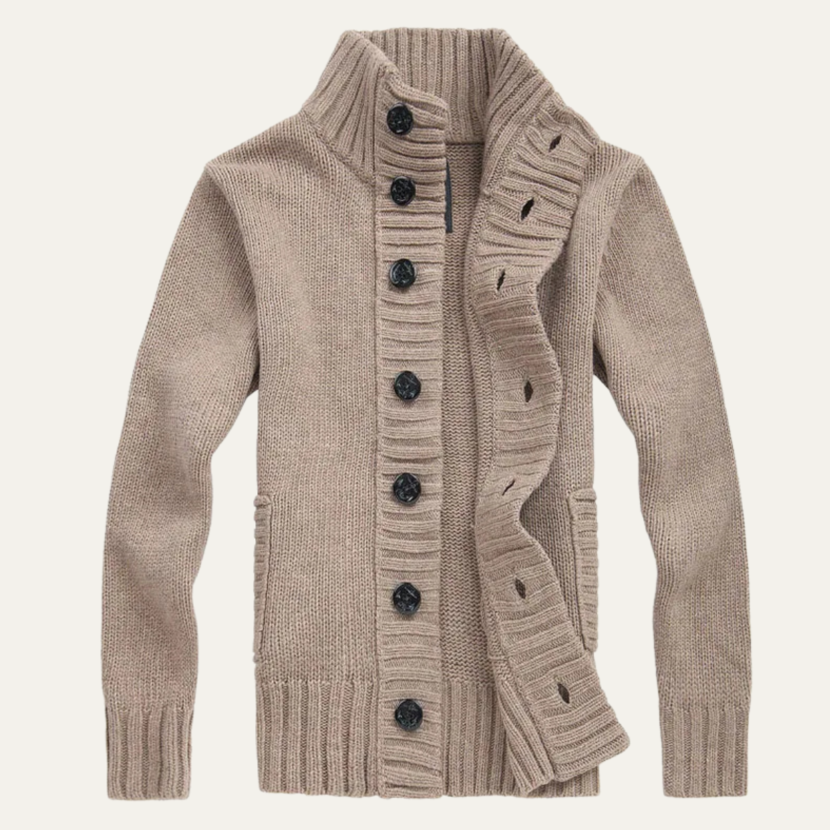 Men's Knit Cardigan Button Front Collar Winter Beige