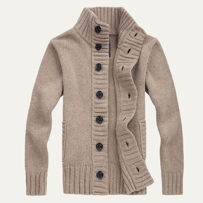 Men's Knit Cardigan Button Front Collar Winter Beige