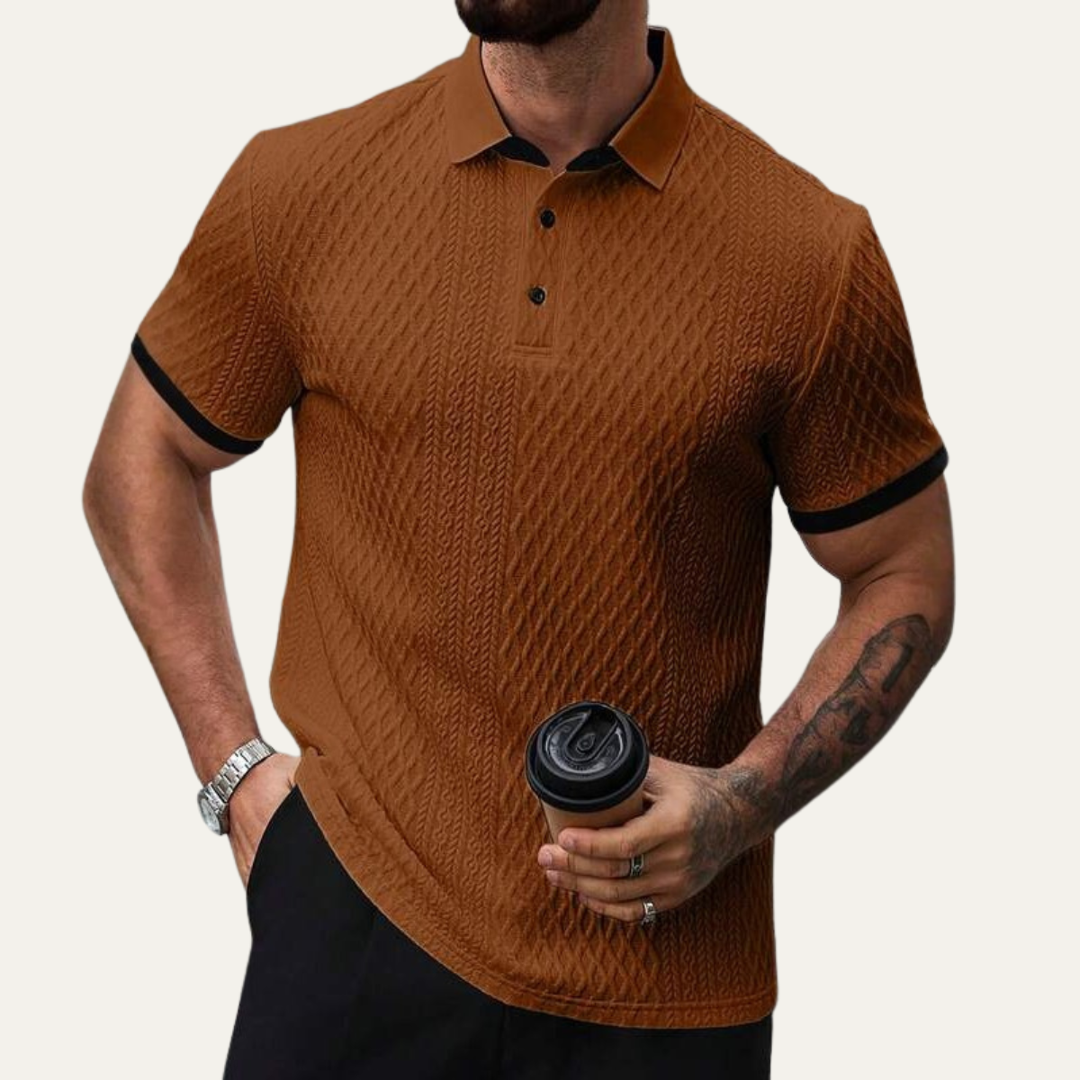 Men's Textured Polo Shirt Contrast Collar