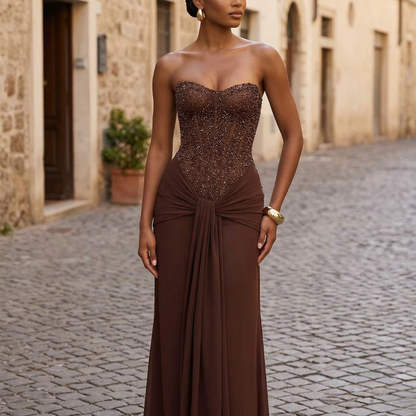 Women’s Strapless Wedding Dress Beaded Corset Bodice Draped Mermaid Gown
