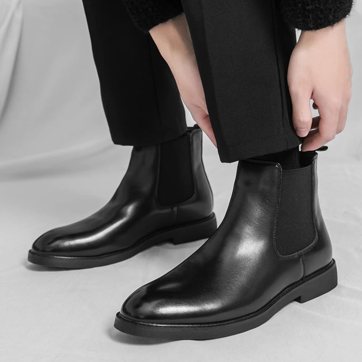 Men's Chelsea Ankle Boots Pointed Toe Leather Black