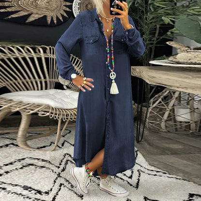 Women's Long Sleeve Denim Dress Casual Blue