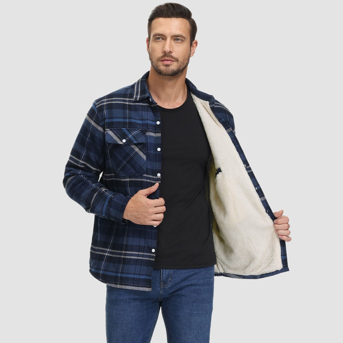 Men's Flannel Shirt Jacket Fleece Lined Cotton Warm Beige