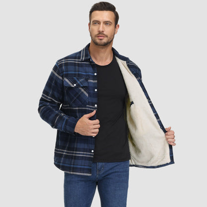 Men's Flannel Shirt Jacket Fleece Lined Cotton Warm Beige
