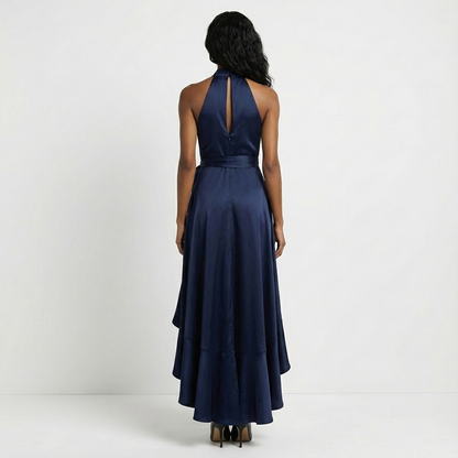 Women's Satin Maxi Dress Halter Neck Ruffled Hem