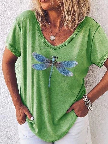 Women's V-Neck Short Sleeve Tee Dragonfly Print Casual