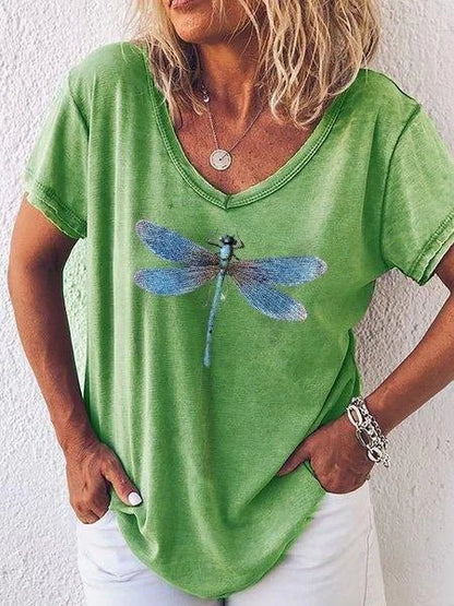 Women's V-Neck Short Sleeve Tee Dragonfly Print Casual